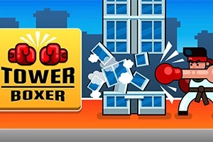 Punaisissa nyrkkeilyhanskoissa oleva hahmo lyö korkeaa rakennusta, taustalla näkyy kaupunkimaisema ja keltainen laatikko, jossa on teksti Tower Boxer