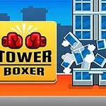 Punaisissa nyrkkeilyhanskoissa oleva hahmo lyö korkeaa rakennusta, taustalla näkyy kaupunkimaisema ja keltainen laatikko, jossa on teksti Tower Boxer