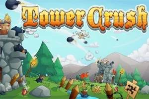 Kaksi linnaa taistelee keskenään heittämällä pommeja, taustalla vuoristomaisema ja kohotettu Tower Crush -teksti