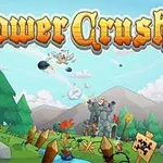 Kaksi linnaa taistelee keskenään heittämällä pommeja, taustalla vuoristomaisema ja kohotettu Tower Crush -teksti