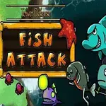 Värikkäitä piirroshahmoja, kuten erilaisia kaloja ja kilpikonna, vesitaustaa vasten tekstin Fish Attack vieressä