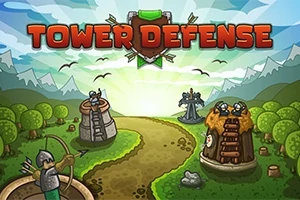 Kuvassa on sarjakuvamainen maisema, jossa on torni vihreällä niityllä, metsää taustalla ja sininen taivas pilvineen, sekä keskellä kulkeva polku ja keskellä kuvaa on suurella teksti TOWER DEFENSE