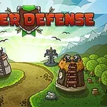 Kuvassa on sarjakuvamainen maisema, jossa on torni vihreällä niityllä, metsää taustalla ja sininen taivas pilvineen, sekä keskellä kulkeva polku ja keskellä kuvaa on suurella teksti TOWER DEFENSE