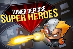 Sarjakuvatyylinen supersankarihahmo ampuu energiasädettä pimeää taustaa vasten, yläosassa teksti Tower Defense Super Heroes