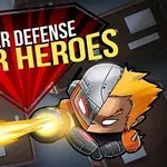 Sarjakuvatyylinen supersankarihahmo ampuu energiasädettä pimeää taustaa vasten, yläosassa teksti Tower Defense Super Heroes