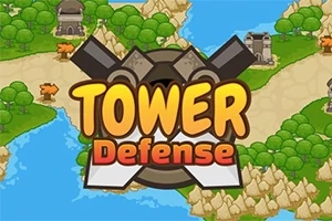 Sarjakuvamainen karttanäkymä, jossa on torneja, jokia ja metsiä sekä keskellä teksti Tower Defense