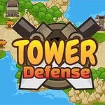 Sarjakuvamainen karttanäkymä, jossa on torneja, jokia ja metsiä sekä keskellä teksti Tower Defense