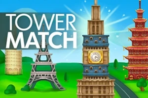Neljä erilaista tornia vihreässä maisemassa sinisen taivaan alla, ja vasemmalla teksti TOWER MATCH