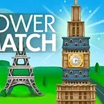 Neljä erilaista tornia vihreässä maisemassa sinisen taivaan alla, ja vasemmalla teksti TOWER MATCH