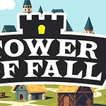 Keskellä kuvaa on musta kyltti, jossa lukee Tower of Fall, taustalla näkyy värikäs kylä ja torneja
