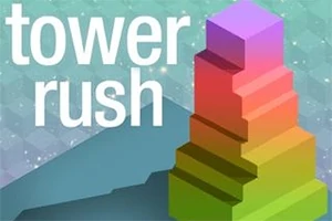 Värikäs, pinoista koostuva torni vihreällä ja sinisellä taustalla, jonka yläkulmassa lukee tower rush
