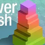 Värikäs, pinoista koostuva torni vihreällä ja sinisellä taustalla, jonka yläkulmassa lukee tower rush