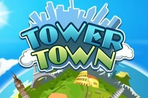 Teksti Tower Town värikkäällä taustalla, jossa on maapallo, tunnettuja maamerkkejä ja kaupungin siluetti
