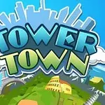 Teksti Tower Town värikkäällä taustalla, jossa on maapallo, tunnettuja maamerkkejä ja kaupungin siluetti
