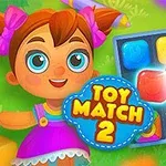 Piirretty tyttö kirkkaissa väreissä pastellisävyisessä ympäristössä, kimalteleva punainen jalokivi, ja päällä teksti Toy Match 2