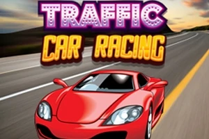 Punainen urheiluauto ajaa tyhjällä maantiellä kirjainten Traffic Car Racing alla