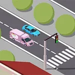 Vaaleanpunainen pakettiauto ja sininen auto seisovat vierekkäin isometrisellä tiellä liikennevaloissa, joiden taustalla on puita ja suojatien viivoja