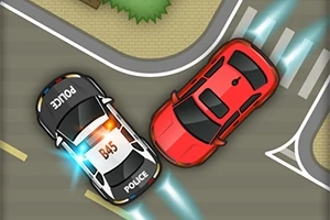 Poliisiauto ja punainen auto ajavat kohti toisiaan tiellä risteyksessä
