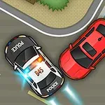 Poliisiauto ja punainen auto ajavat kohti toisiaan tiellä risteyksessä
