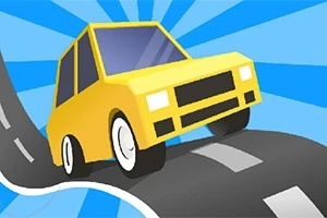 Keltainen auto ajaa mutkittelevaa tietä sinisen säteilytaustan edessä