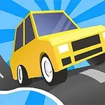 Keltainen auto ajaa mutkittelevaa tietä sinisen säteilytaustan edessä