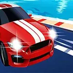 Punainen auto kahdella valkoisella raidalla ajaa kapealla tiellä veden äärellä