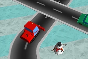 Punainen aura-auto ja lumiukko tienristeyksessä