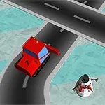 Punainen aura-auto ja lumiukko tienristeyksessä