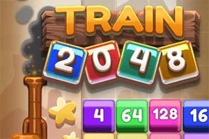 Värikäs junateema, jossa on numerot 2048 ja erilaisia monivärisiä laattoja