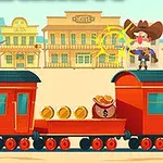 Kaksi animoitua cowboyta seisoo junan katolla, jonka lastina on kultakolikoita ja rahasäkki; taustalla näkyy villin lännen kaupunki