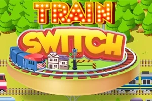 Värikäs junarata metsän edustalla, ja keskellä suurikokoiset tekstit Train ja Switch