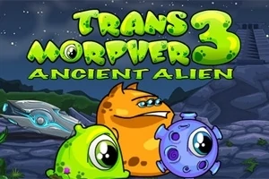 Kolme värikästä muukalaista kivisessä ympäristössä yöllä otsikon Transmorpher 3 Ancient Alien alla