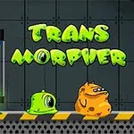 Vihreä ja oranssi lima-olento seisovat vierekkäin teollisen taustan edessä, hunajakennokaavio-tyylisessä ympäristössä, jonka yläpuolella on teksti Trans Morpher