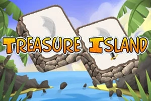 Kaksi kiveä, joiden välissä lukee Treasure Island, trooppisissa maisemissa, taustalla meri ja palmuja