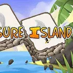 Kaksi kiveä, joiden välissä lukee Treasure Island, trooppisissa maisemissa, taustalla meri ja palmuja