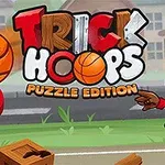 Piirrosmainos, jossa animoitu hahmo heittää koripalloa korirenkaaseen, taustalla teksti Trick Hoops Puzzle Edition