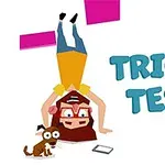 Sarjakuvahahmo seisoo käsillään vieressään koira, ja teksti Tricky Test näkyy oikealla puolella