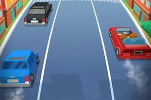 Kolme autoa erilaisissa väreissä ajamassa tyhjällä kadulla kaupunkimaisemassa