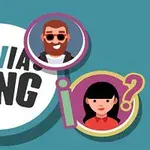Piirroskuva, jossa on sana TRIVIA KING, kolme animoitua ihmishahmoa pyöreissä kehyksissä ja kysymysmerkki