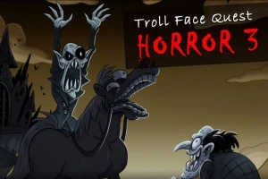 Animaatiohahmot tummasävyisessä ympäristössä, mukana pelottava hahmo hevosen selässä ja teksti Troll Face Quest Horror 3