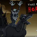 Animaatiohahmot tummasävyisessä ympäristössä, mukana pelottava hahmo hevosen selässä ja teksti Troll Face Quest Horror 3