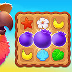 Tropical Match 2 Värikäs papukaija olkihatussa seisoo ruudukkopelin vieressä, jossa on erilaisia hedelmiä ja esineitä