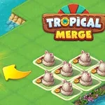 Leijona seisoo ruohikolla nuolen edessä, vieressä useita valkoisia kaneja ja Tropical Merge -logo
