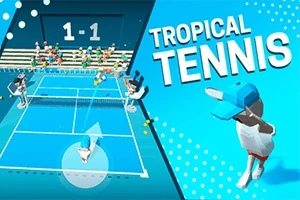 Piirrosmainos, jossa tenniskenttä, pelaajia ja teksti Tropical Tennis
