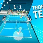 Piirrosmainos, jossa tenniskenttä, pelaajia ja teksti Tropical Tennis