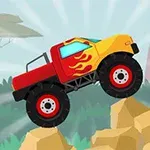 Punainen ja keltainen monsteriauto liekkikuvioilla ajamassa kivikossa, taustalla näkyy puita ja kukkuloita