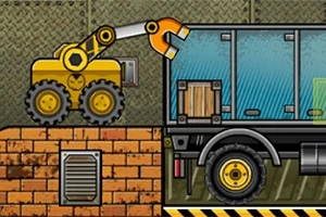 Truck Loader 4 Keltainen nosturi siirtää laatikoita kuorma-auton lavalle teollisuusmaisemassa