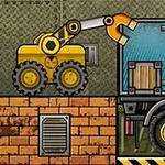 Truck Loader 4 Keltainen nosturi siirtää laatikoita kuorma-auton lavalle teollisuusmaisemassa