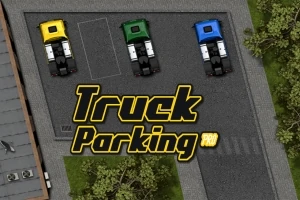 Kolme kuorma-autoa pysäköitynä rinnakkain parkkipaikalle, ja keskellä näkyvissä teksti Truck Parking Pro