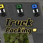 Kolme kuorma-autoa pysäköitynä rinnakkain parkkipaikalle, ja keskellä näkyvissä teksti Truck Parking Pro